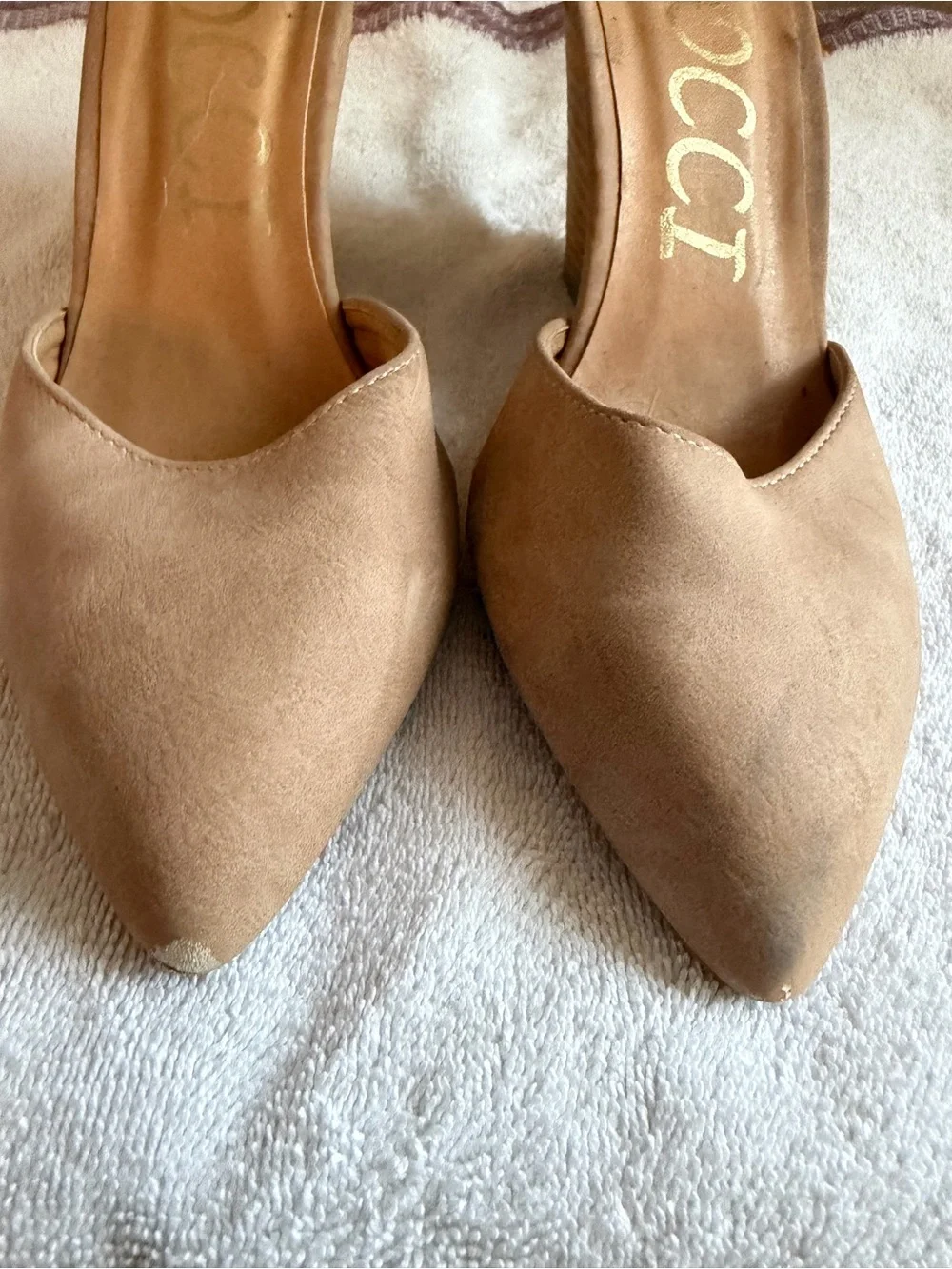 CCOCCI Taupe Ankle-Strap Wedge Pumps- some tiny little damage look closely.